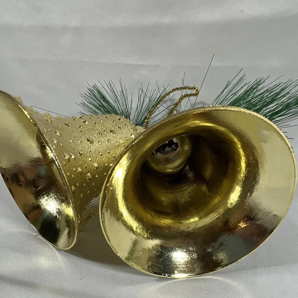 Vintage Gold Double Bumpy Bell Christmas Hanging Bow Pine Needles Greenery
